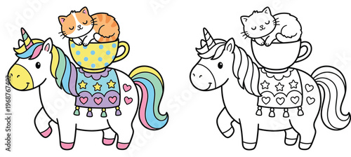 Cute Cartoon Unicorn with Sleeping Kitten in Teacup Whimsical Friends Vector for Kids