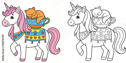 Cute Cartoon Unicorn with Sleeping Orange Kitten in Teacup Whimsical Kids Vector Art
