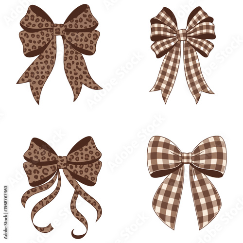 Four brown bows with leopard and gingham patterns ribbon