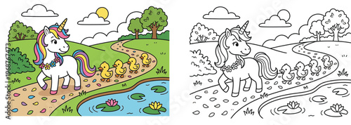 Cute Unicorn and Ducklings Walking by a Pond Cartoon Vector Illustration for Kids Coloring Book