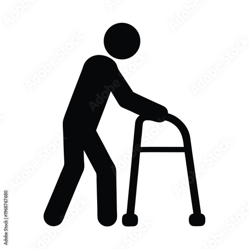 A black silhouette depicting an elderly person using a walking frame for support