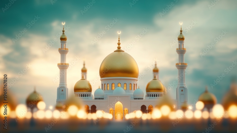 Fototapeta premium Golden Dome Mosque at Dusk: A Serene Islamic Architectural Masterpiece with Crescent Moon
