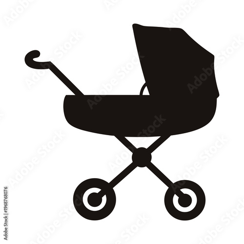 Black silhouette of a baby stroller, symbol of infancy and parenthood