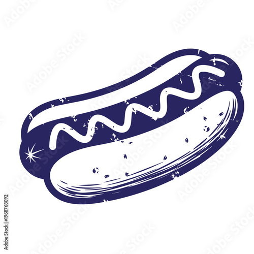 Dark blue hot dog with a white wavy mustard line and a distressed grunge texture isolated on a white background