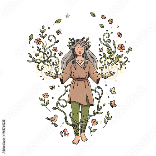 Nature Goddess with Flowing Hair and Blooming Vines, Spring Aura