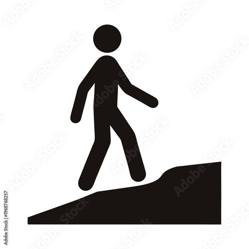 Stick figure pedestrian walking up a hill, black and white rendering