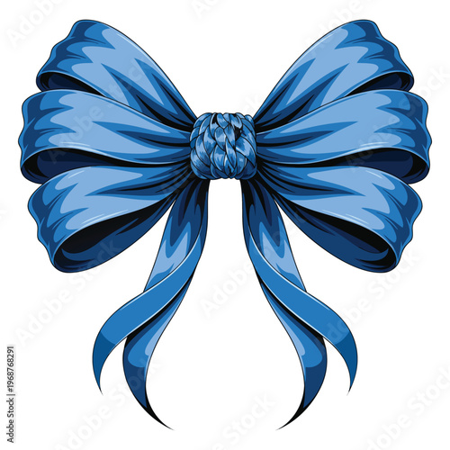 Blue ribbon bow with braided knot and flowing tails