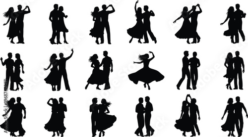 Dancing couple silhouettes, ballroom dance poses, social dancing artwork, expressive motion illustration, romantic partner connection, cultural dance theme, performance design
