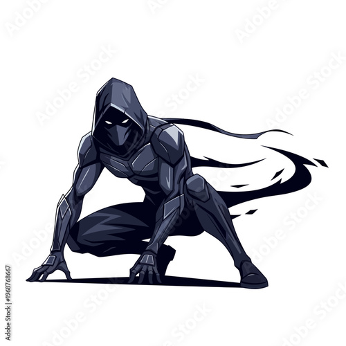 Stealthy Shadow Warrior in Dark Hooded Costume Crouching