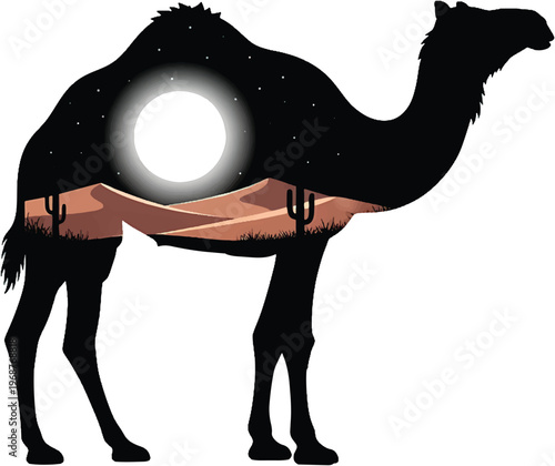 Camel Desert Double Exposure Silhouette Vector - Night Landscape with Glowing Moon Stars and Cactus