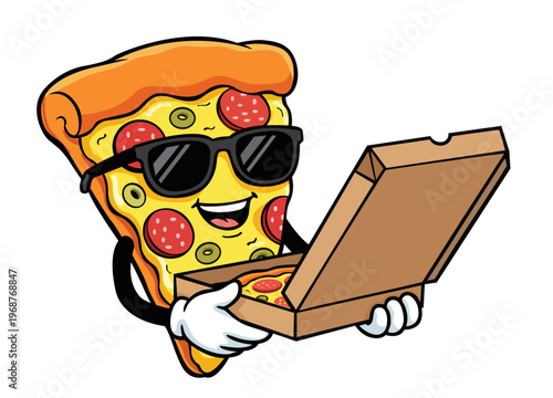 Happy pepperoni pizza with shades giving pizza delivery