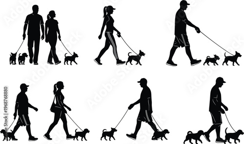 Dog walking silhouettes, people walking dogs, pet care lifestyle, outdoor activity, companionship, leash training, urban fitness, animal exercise, minimalist art