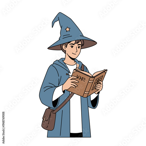 Young wizard boy in blue hat reading ancient magic spell book, fantasy character illustration