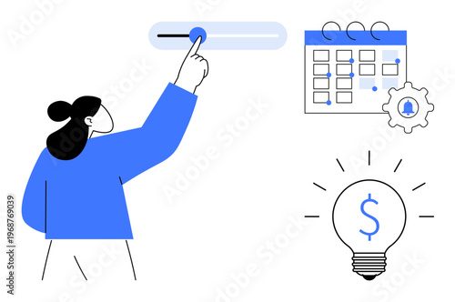 Project management, budgeting, financial planning, scheduling, business strategy, growth. Woman adjusting slider near gear and calendar. Financial planning and project management concept