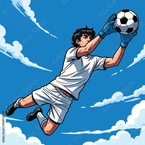 Young male soccer goalkeeper diving to catch ball in blue sky