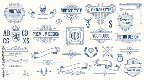 Decorative vintage frames, borders, corners. Retro ornamental frame vector set.