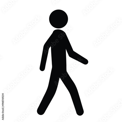 Stylized black silhouette of a walking figure with circular head and limbs