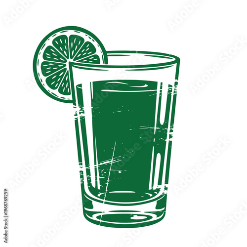 Green of a shot glass filled with liquid and garnished with a citrus lime slice on the rim featuring a distressed texture effect on a white background