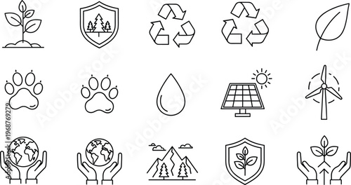 Eco icons, sustainability, environment, conservation, renewable energy, recycling, solar power, wind turbine, water, wildlife, nature, protection, green, climate, care, forest, landscape, global