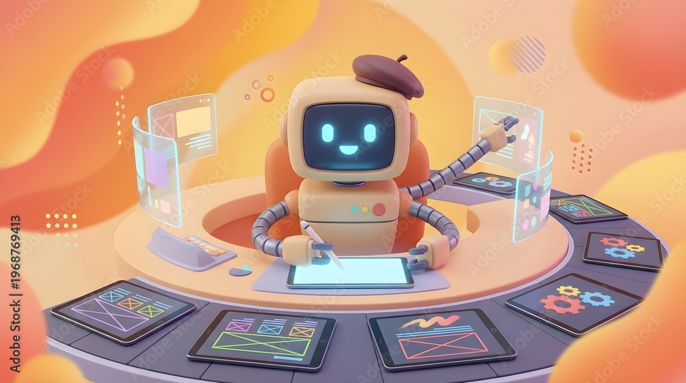 Fototapeta premium Cute robot with glowing blue eyes working on digital tablet surrounded by screens and gadgets in futuristic workspace with orange background