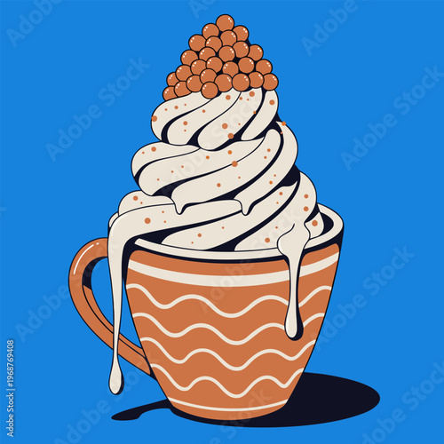 A cartoon image of a mug with whipped cream and boba on top