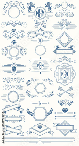 Set of vintage frame and corners icon. Vector illustration.