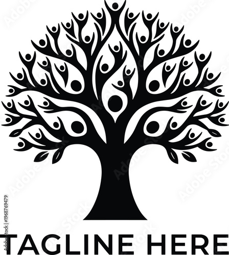 Abstract Family Tree Logo Design Representing Community Growth, Human Connection, Diversity, and Genealogical Heritage with People Figures as Organic Branching Leaves