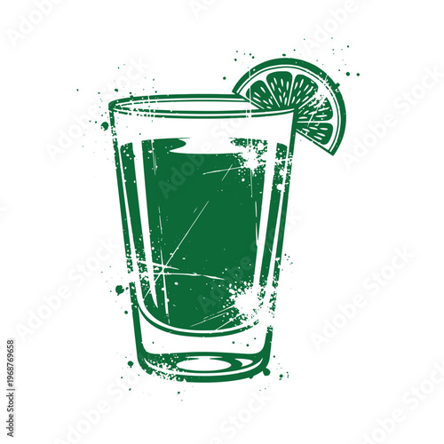 Green silhouette of a shot glass filled with liquid and garnished with a lime wedge featuring a distressed grunge texture with ink splatters on a white background
