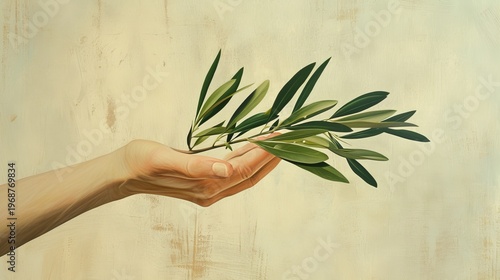 Hand holding an olive branch on a neutral background