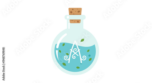 A cartoon style illustration of a glass bottle with a cork stopper containing blue liquid and green leaves.