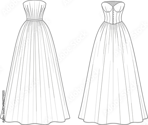 Fashion design sketches, strapless gown, evening dress, bridal gown, pleated skirt, sweetheart neckline, couture illustration, elegant silhouette, designer clothing, garment concept
