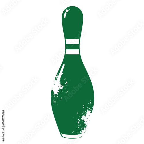 Single green bowling pin with two white horizontal stripes and distressed grunge texture isolated on a plain white background