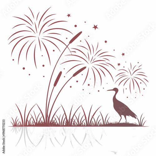 A stylized illustration depicts fireworks exploding above a tranquil waterscape featuring cattails grass and a wading bird high quality professional