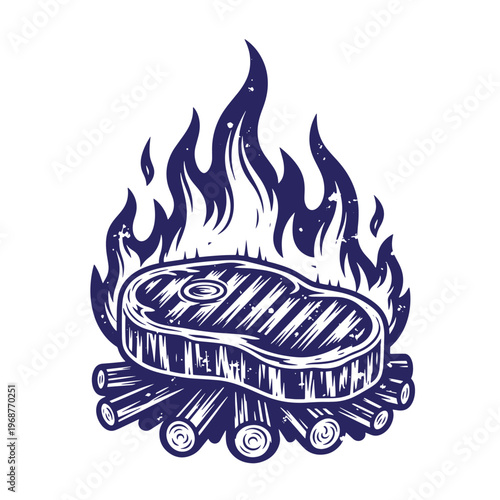 Dark blue of a raw beef steak cooking over a burning campfire with wood logs and stylized flames isolated on a white background