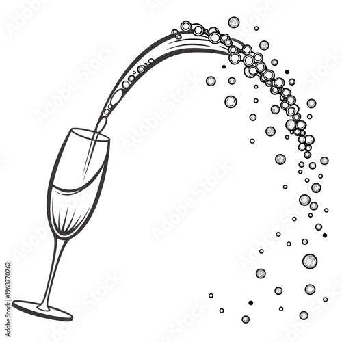 An illustrative sketch depicts a champagne glass overflowing with a dynamic stream of bubbles capturing a celebratory moment high quality