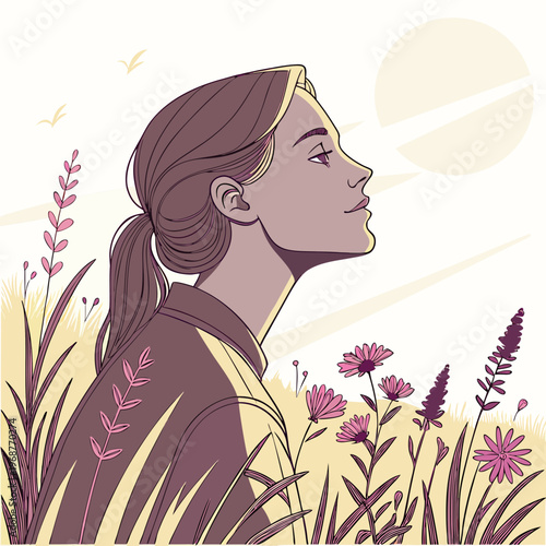 Slika na platnu A serene illustration depicts a woman with her eyes closed gazing upwards toward