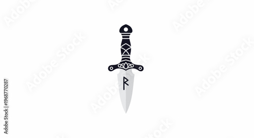 A dagger with intricate design and lettering on blade.