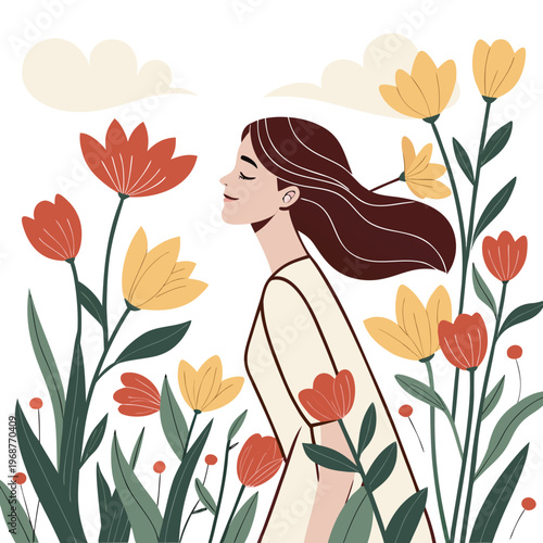 Obraz na płótnie A serene woman with flowing hair stands amongst vibrant flowers eyes closed enjo