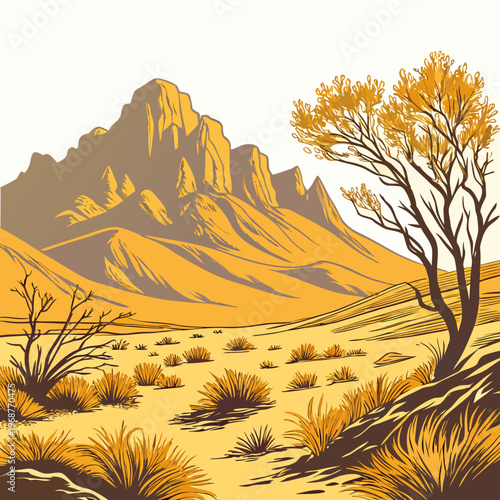 A stylized illustration depicts a desert landscape featuring rocky mountains sparse vegetation and a warm earthy color palette high quality