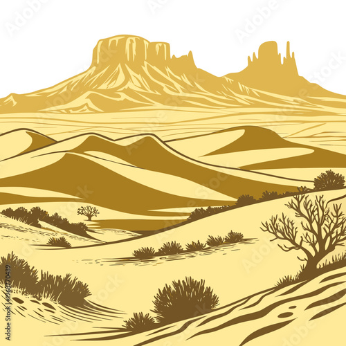 A stylized golden hued illustration depicts a desert landscape featuring mesas rolling dunes sparse vegetation and a clear horizon