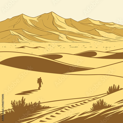A lone traveler walks across a vast undulating desert landscape with golden sand dunes under a clear sky high quality