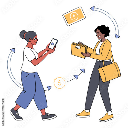 An illustration depicts a financial exchange between two people using mobile payments and traditional methods high quality professional detailed modern