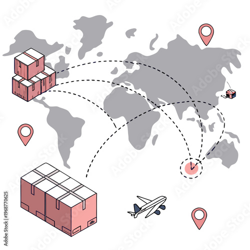 Illustration depicting global logistics and shipping routes showcasing packages planes and map markers for worldwide delivery high quality professional detailed