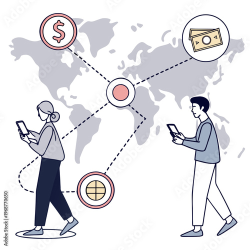 This illustration depicts global financial transactions facilitated by mobile devices connecting individuals across continents with money and data high quality