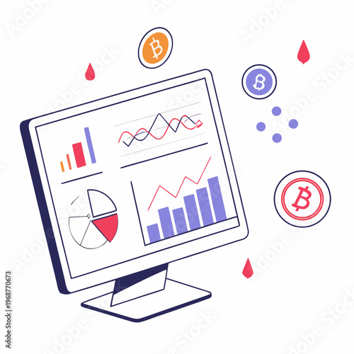 A modern computer monitor displays financial charts and cryptocurrency symbols suggesting market volatility and potential investment risks high quality professional