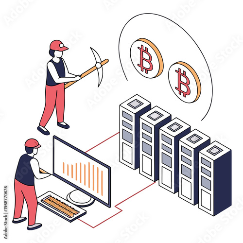 An isometric illustration depicts bitcoin mining showing a person mining with a pickaxe and another monitoring servers high quality professional