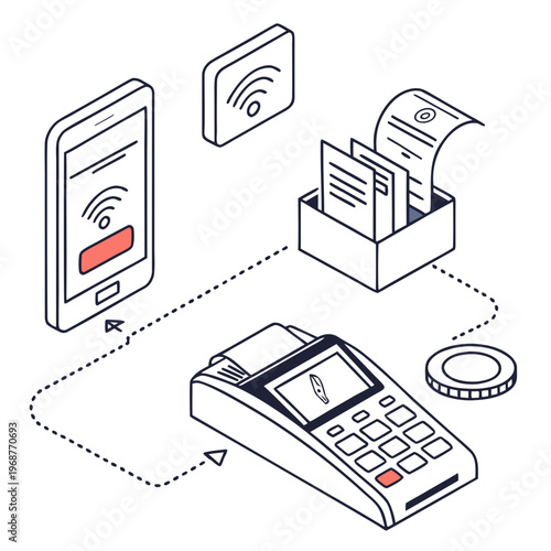 An illustrative depiction showcases modern contactless payment methods including smartphones cards and point of sale systems high quality professional detailed