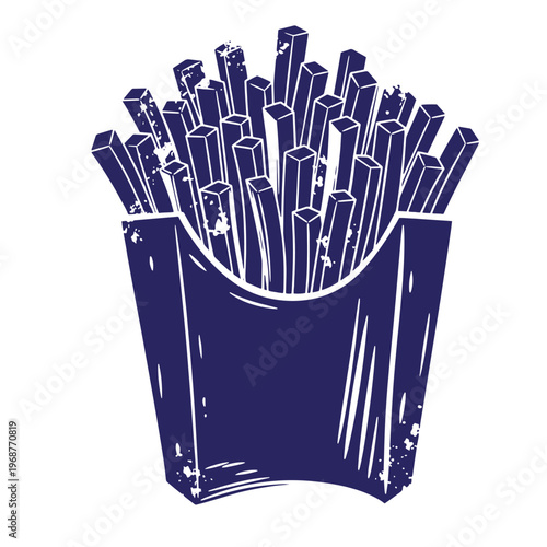 Dark blue silhouette of a paper carton filled with crispy potato french fries featuring a distressed grunge texture isolated on a white background