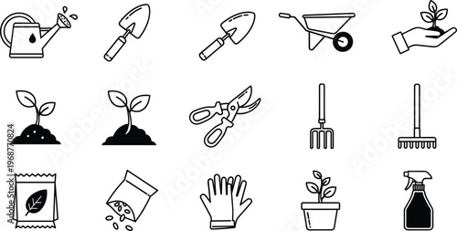 Gardening icons, tools, watering can, trowel, wheelbarrow, plant, seedling, soil, gloves, rake, fork, shears, spray, packet, growth, eco, nature, farming, agriculture, garden, care, cultivation