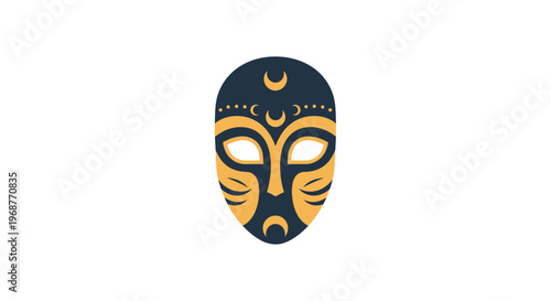 A stylized mask with a moon design.